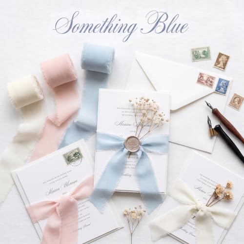 1" x 27 Yd Chiffon Silk Ribbon Set - 3 Rolls Handmade Fringe Chiffon Ribbon - color: Light Blue,Pink, Ivory