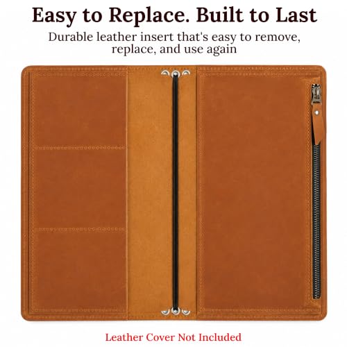 Genuine Leather Journal Insert for Regular Traveler's Notebook (4.1" x 8.3") – Refillable Notebook Organizer with Card Slots & Zipper Pocket, Handmade Leather Planner Accessory, Warm Brown - size: Regular