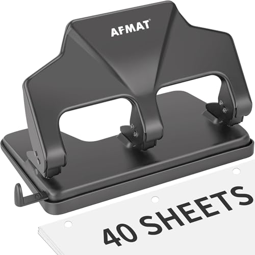 AFMAT 3 Hole Punch Heavy Duty, 40-Sheet Three Hole Punch, 50% Reduced Effort, 3 Hole Puncher for Binder w/Large Chip Tray, 9/32" Holes Diameter, Metal Paper Puncher for Home/Office/School, HP16 - color: Gray