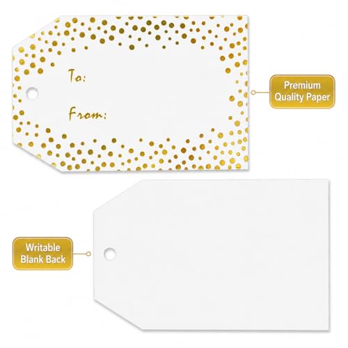 G2PLUS Gold Foil Gift Tags - 50 Pcs White Paper to and from Gift Name Tags with String for Present Wrapping, Wedding, Baby Shower, Christmas Party Favors - style: to from-Gold Dots