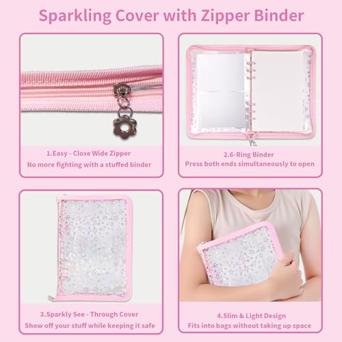 4 In 1 Sticker Storage Organizer, A5 Sticker Binder with Storage Pocket & Release Paper, Glitter Reusable Stickers Book Collecting, Blank Stickers Album Holder for Adult Container Display(Pink) - color: Pink