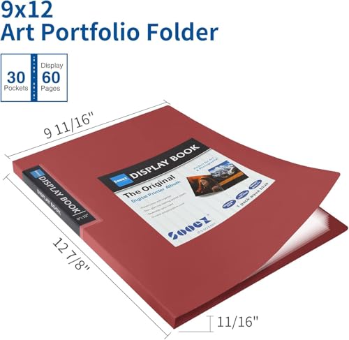 Sooez 30-Pocket Binder with Plastic Sleeves 9x12, Heavy Duty Art Portfolio - color: Red, size: 1 Pack