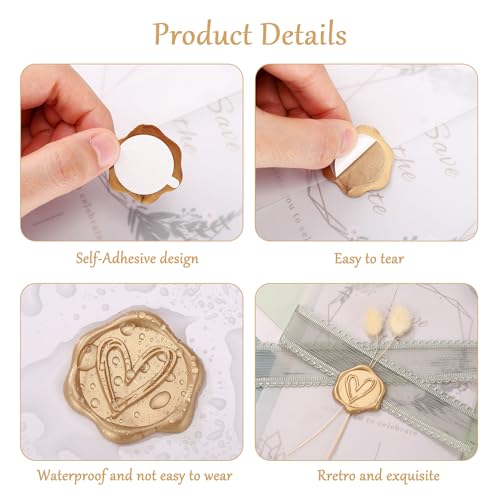 Yoption Heart Wax Seal Stickers, 50Pcs Light Gold Wedding Envelope Seals | Self Adhesive Wax Stickers for Party Invitation, Christmas, Gift Wrapping - color: Heart, Light Gold