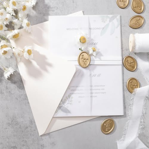 UNIQOOO Wax Seal Stickers - 3D Flower Oval Shape Wedding Invitation Envelope Seal Stickers, 50 Pcs Self- Adhesive Prosecco Metallic Light Gold Sticker, Perfect for Invitation, Christmas, Gift - color: Oval Flower, Light Gold