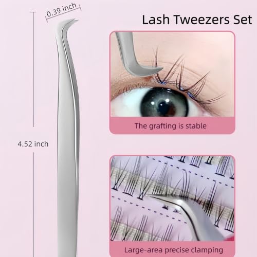 4 Pcs Lash Tweezers Set, High Precision Tweezers for Eyelash Extensions Clusters, Straight & Curved Volume Lash Tweezers Kit with Metal Case, Crafts, Girls, Beginers, Travel (4, Silver)
