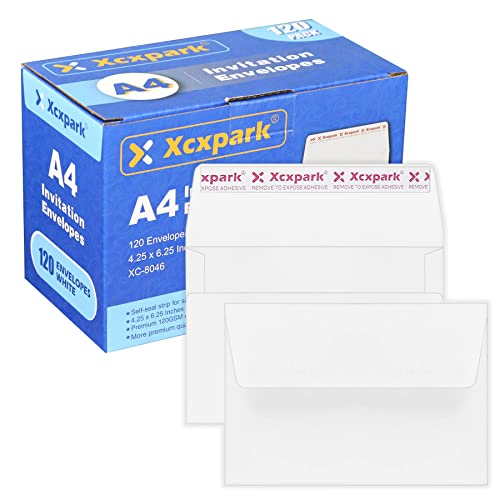 Xxcxpark 120 Qty Printable A4 Invitation Envelopes 4.25 x 6.25 Cards, Self Seal 120GSM white Paper Envelopes for Invitations, Papers, Photos, Documents, Wedding, Baby Shower, Easy to Seal and Peel - color: White, size: 120 Qty A4 Envelopes (4.25" x 6.25")