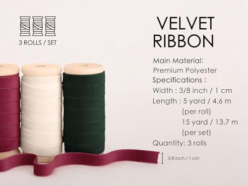 Vitalizart Christmas Velvet Ribbon Set 3/8" x 15 Yds for Holiday Wrapping - color: Christmas Ribbon