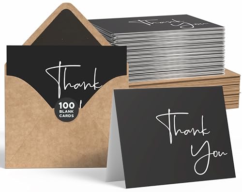 VNS Creations Thank You Cards With Envelopes - 100 Pack 4 x 6 Blank - Black - color: Black, size: 100 Pack - 4" x 6" (Value Pack)