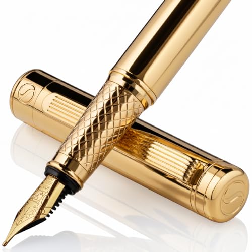 Scriveiner Luxury Fountain Pen - Stunning Luxury Pen, Real Gold Finish, Schmidt Gilded Nib (Fine), Converter, Best Pen Gift Set for Men & Women, Professional, Executive, Office, Nice Pens - color: 11. Gold, style: Fine Nib