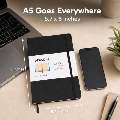 IDEALOne Dotted Hardcover Leather Notebook Journal – Work, Home, School, 5.7 x 8 inches, 7mm wide, 160 Pages, 100GSM, with Elastic Band and Ribbon Bookmark (Scarlet Red, Single) - color: Scarlet Red Dotted, size: Single