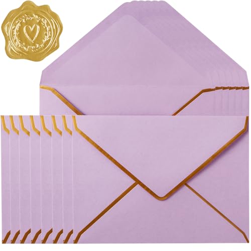 30 Pack 5x7 Envelopes Thick Paper Light Purple, 7.24x5.24 inch | Gold Border, A7 Greeting Cards Envelopes, Includes Stickers, For Invitations - color: Light Purple, size: 7.24x5.24 inches