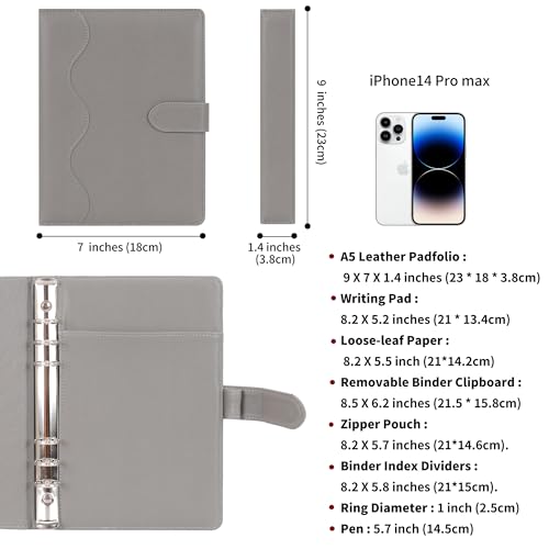 Wason A5 Binder PU Leather Journal Ring Portfolio Lined Notebook Refillable Paper Diary with Removable Clipboard Writing Notepad for Travel Business School Agenda Organizer (Grey) - color: Grey