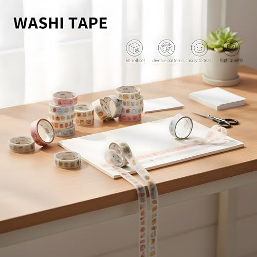 60 Rolls Washi Tape Set, Cute Pattern Washi Stickers, 15mm Wide for Junk Journal Scrapbook Tape, Bullet Journaling Scrapbooking Supplies, Planner Sticker DIY Craft DéCor - color: 60 Rolls Cute Washi Tape-B