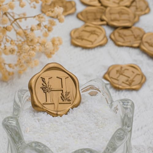 SWANGSA 100 Pack Letter H Wax Seal Stickers - Antique Gold Botanical Leaves Initial Alphabet Self-Adhesive for Wedding Party Invitation Envelopes - color: H, size: 100 Pack