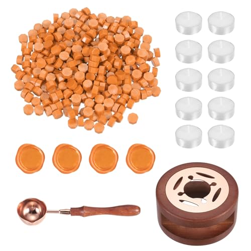 PATIKIL Wax Seal Kit, 300 Pcs Wax Sealing Beads, Wooden Warmer, Melted Spoon, 10 Pcs Tealight Candles for Envelope Letter Mailing Crafts DIY, Fresh Orange - color: Fresh Orange