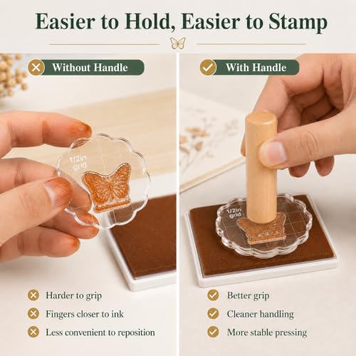 Clear Acrylic Stamp Block Set with Detachable Wooden Handle, 6 Scalloped Edge Acrylic Stamping Blocks with 1/2in Grid, Silicone Mat & Storage Case for Card Making, Scrapbooking, Journaling