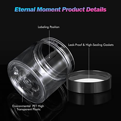 Eternal Moment 50 Pack 2 OZ Plastic Jars Clear Cosmetic Container with Lids | Round Makeup Jar for Lotion, Cream, Ointments, Eye Shadow, Rhinestone, Samples, DIY Travel Storage ( Black Lid ） - color: Black Lid, size: 2 Ounce