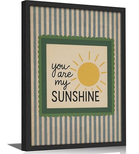 Framed 'You Are My Sunshine' Quote Wall Art, Vintage Sun Blue Stripe with Green Accent Canvas Print, Warm Nursery Decor for Living Room Bedroom Nursery Playroom - color: Floral-7, size: 16"L x 12"W