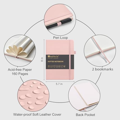 &And Per Se Dotted Notebook with Pen, A5 Hardcover Dotted Journal, 160 Pages 100GSM Thick Paper Dot Grid Journal with Fineliner Pen (Pink) - color: Pink, size: 160-Dotted