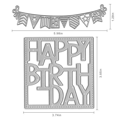 Metal Square Happy Birthday Frame Cutting Dies, Five-Pointed Star Triangle Angle Banner Flag Die Cuts for Card Making Stencil Embossing Tool Scrapbooking DIY Etched Craft Dies - color: Birthday Frame and Flag
