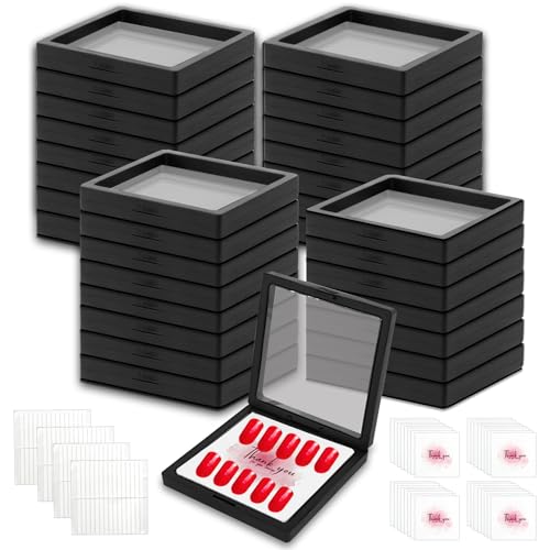32 Pcs Press On Nail Packaging Box with 120 Pcs Adhesive Double Sided Tape, Black Artificial Nail Display Case, Earrings Storage Organizer, for Birthdays, Christmas Gift