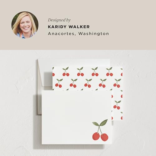 Minted Twin Cherries Stationery Set, Set of 10, Flat Note Cards & Envelopes for Invitiations and Handwritten Thank You Messages, Red Cherry Fruit Illustration, Gifts for Men and Women, Luxurious Paper - color: Twin Cherries