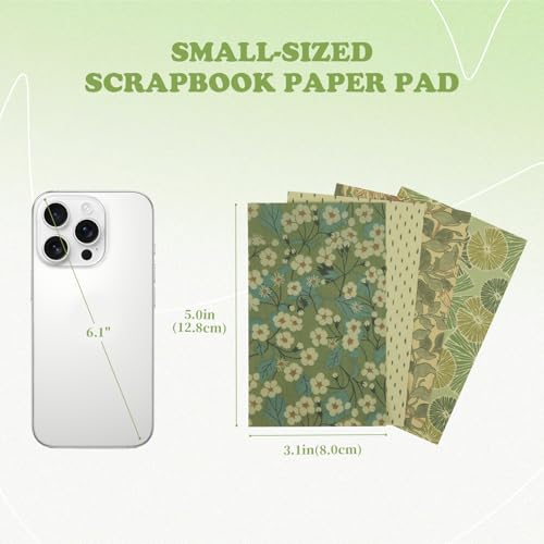 60 Sheets Textured Vintage Paper, Cottage Core Green Neutral Floral Scrapbook Ephemera, 5.0 x 3.1 Inch Single Sided Craft Paper for Junk Journaling, Card Making, DIY Crafts and Collages - color: Green