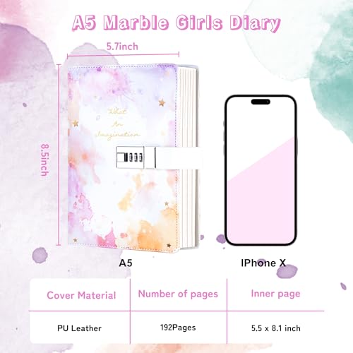 CAGIE Diary with Lock for Girls Ages 8-12, Tie Dye Journal with Pen - color: Purple