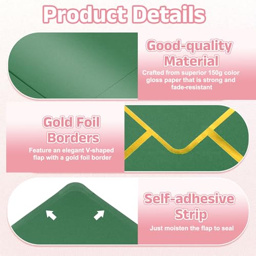 PATIKIL 50 Pcs A7 Envelopes, 5 x 7" Gold Border Invitation Envelopes Mailing Party Envelope for Wedding Invitation Cards Greeting Graduation Birthday Office, Dark Green - color: Dark Green