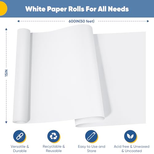 15" x 600" (50') Drawing Paper Roll, White Craft Bulletin Board Paper Roll - color: White, size: 15 x 600 Inch