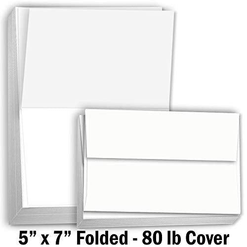 Hamilco White 80lb Cover Heavy Folded 5x7 Cardstock & Envelopes (100PK) - size: 100 Cards with Envelopes