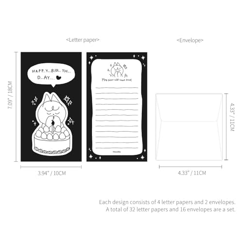 Monolike Littledoodle Series.2 Happy Birthday Mini Letter Set - 8Type, 32 Sheets & 16 Envelopes, Cute Aesthetic Stationery - color: Littledoodle Series.2 Happy Birthday
