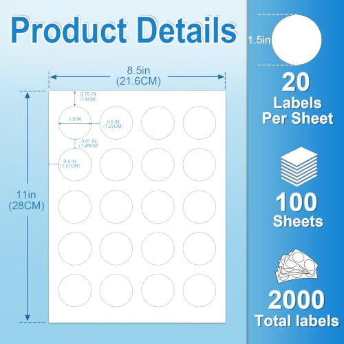 1.5 Inch Round Labels for Laser & Inkjet Printers, Printable Circle Stickers for Thank You Tags, Gift Seals, Small Product & Jar Labels, 2000 White Adhesive Labels (100 Sheets) with Template - size: 1.5 IN-100 Sheets(HB-C020)