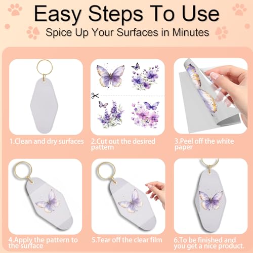 105 PCS Purple Butterfly Flower UV DTF Stickers | Durable no-heat cold Rub on stickers for keychains and party decorations.for DIY crafts and drinkware decoration - style: Purple Butterfly Flower