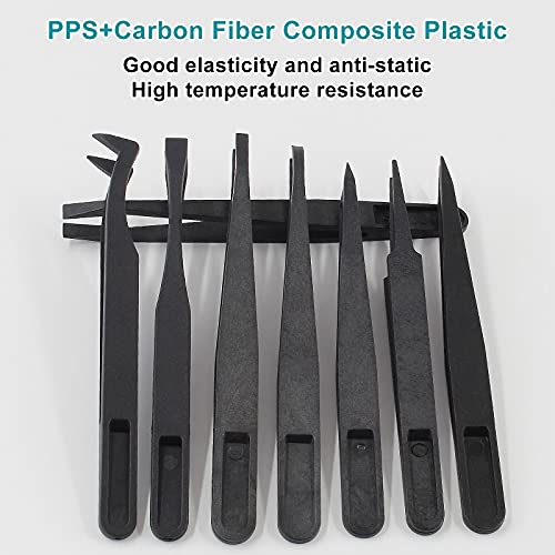 Bonsicoky 8Pcs Precision Plastic Tweezers, 4.5-4.8 Inch, Black | Anti-Static, Curved and Straight Tips, Electronics Assembly, Watch Repair, Crafts Making