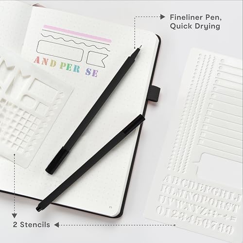 &And Per Se Dotted Journal Notebook 3 Pack, A5 Hardcover with Journal Dotted Pages, Stencils & Pens, 176 Numbered Pages Each for Students Teachers Office (Black) - color: Black, size: 176-Dotted 3 Pack