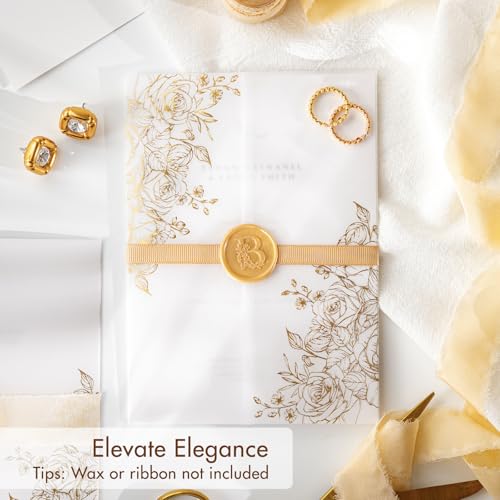 50 Pack Pre-Folded Vellum Jackets for 5x7 Invitations,AZAZA Gorgeous Translucent Invitation Sleeves,115GSM Vellum Jackets 5x7, Wedding Invitation Accessories,for Weddings Birthdays,Golden Roses - color: 50Pack--Real Gold Foil Stamping Roses