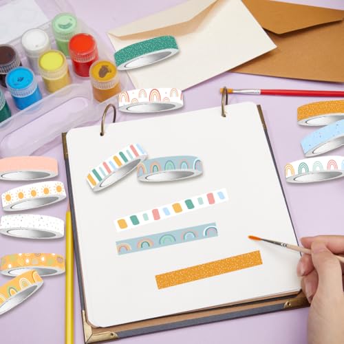 Boho Washi Tape Set 12 Rolls Back to School Cute Bohemian Rainbow Washi Tape 15mm Rainbow Sun Masking Sticker for DIY Crafts Scrapbook Journal Planner Gift Wrapping - color: Boho
