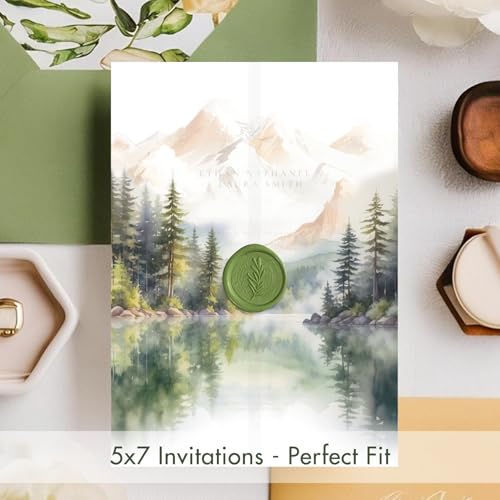 50 Pack Pre-Folded Vellum Jackets for 5x7 Invitations,AZAZA Translucent Invitation Sleeves,115GSM Vellum Jackets 5x7, Wedding Invitation Accessories, for Weddings Birthdays,Watercolor Forest Landscape - color: 50Pack--Watercolor Forest Landscape