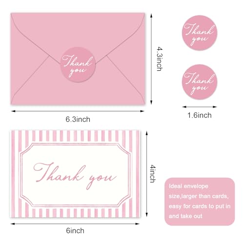 Whaline 24Pcs Pink Thank You Cards Striped Blank Note Cards with Envelopes Stickers Minimalist Pink Stripe Greeting Card for Wedding Birthday Baby Shower, 4 x 6 Inch - color: Pink