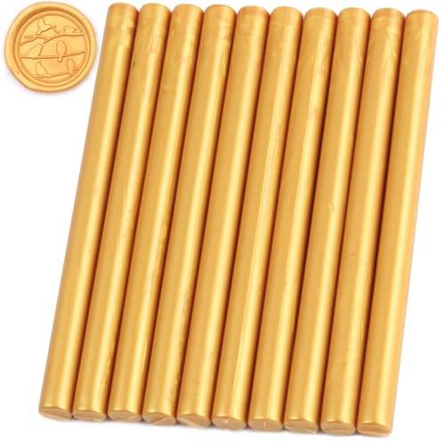 Gold Sealing Wax Sticks, HOSEALING 10pcs Glue Gun Sealing Wax Sticks for Wax Seal Stamp, Gold Wax Seal Sticks for Wedding Invitations, Letter Envelope Seals, Great Gift Ideas - color: Gold