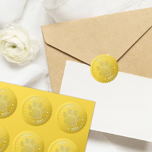 CRASPIRE 408Pcs Dog Paw Print Gold Foil Embossed Stickers 2" Honor Roll Self Adhesive Envelopes Seals Round Labels for Wedding Invitation Graduation Corporate Certificates Diplomas Gift Wrapping Decor - style: Arts Crafts