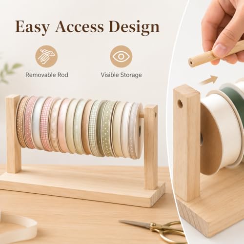 Wooden Ribbon Organizer Rack for Spools, Tabletop Ribbon Holder Stand for Craft Room Storage, Washi Tape, Thread, Twine and Present Wrapping Supplies, Natural Wood, 1 Pack