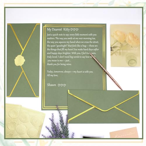 30 Pack Stationery Paper Set with Gold Border Including #10 Business Envelopes and 8.5x11 Paper Sheets 30 Gold Stickers for Love Letters and Party Invitations (Sage-Green) - color: Sage-Green