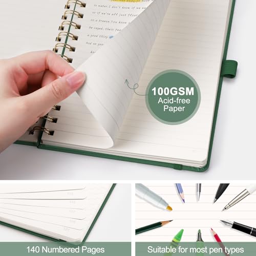AHGXG Lined Spiral Journal Notebook, 140 Pages, A5 (5.7" x 8.3") | Journals for Women, Hardcover Leather Notebook College Ruled, 100 GSM Paper, for Work School Note Taking (Dark green) - color: Dark Green, size: A5