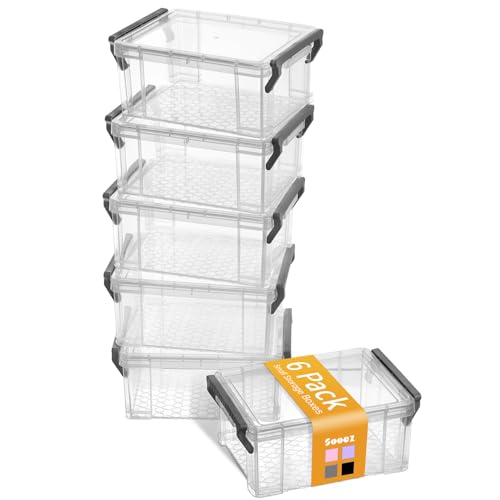 Sooez 6 Pack Small Plastic Containers with Lids, 6.4" x 4.4" x 2.7" | Clear Crayon Box Pencil Case, Stackable Stroage Organizer for Beads Craft Art Supplies, Storage Bins for Jewelry Stickers - color: Grey, size: Small