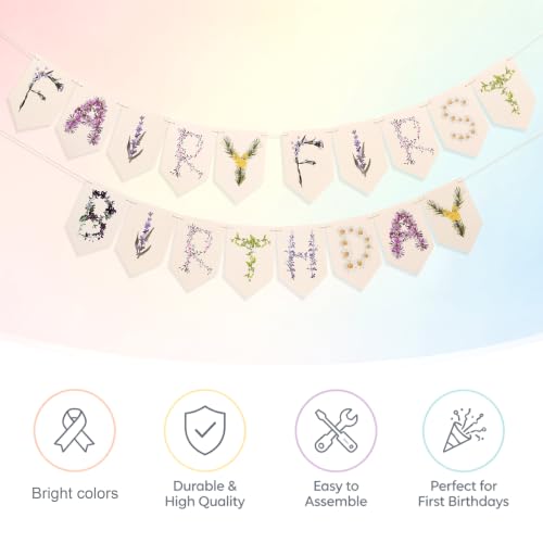 Fairy Floral 1st Birthday Banner - Pink Fairy One Script Garland, Elegant Watercolor Flower Happy Birthday Bunting, Secret Garden Enchanted Floral Letter, Forest Theme Cake Smash Party Backdrop Props (Fairy First Birthday) - color: Fairy First Birthday