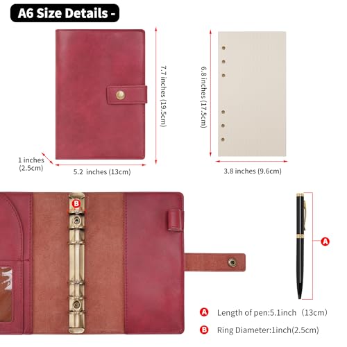 WONDERPOOL Leather Journal Dotted Paper Refillable Writing Binder Notebook - Leather Spiral Diary with Inner Organizer Pockets for Man and Woman (Wine red, A6) - color: Wine red, size: A6