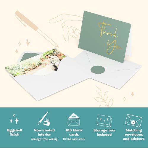 VNS Creations Thank You Cards With Envelopes - 100 Pack 4 x 6 - Green - color: Granite Green (Gold Foil), size: 100 Pack - 4" x 6" (Value Pack)