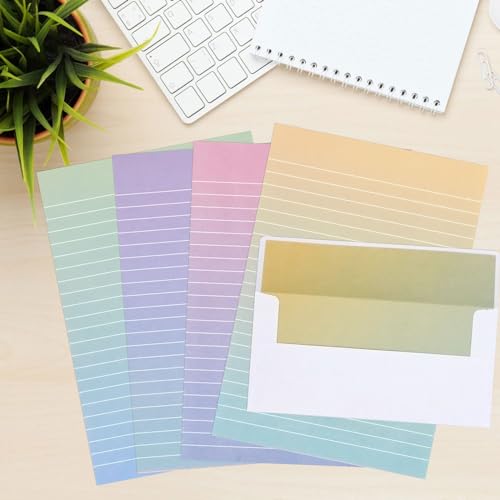 KSIWRE Watercolor Stationery Set with Envelopes, 16 Lined Paper Sheets + 8 Envelopes, Gradient Colors Stationery Paper for Writing Letter Poems Invitations Best Wishes